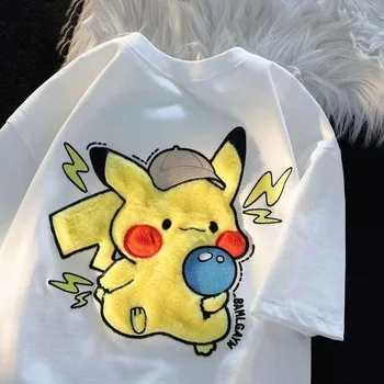 100% Bumbac Pikachu Brodate T-Shirt pentru Bărbați și Femei Relaxat de Vara Confortabil Sudoare de Absorbție Creativ Stil Nou Cuplu de Sus