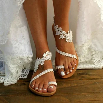 2023 Dantelă Albă Sandale Femei Flip Flops, Sandale Plate Pentru Femei Bohemia Pantofi De Plaja Si Femei Plus Dimensiune Moda De Vara Femei