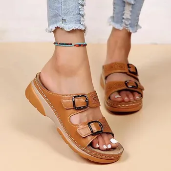 2023 Maro din piele PU pană de papuci pentru Femei fashion summer dublu-buton de sandale cu platforma Femei casual plaja flip-flop Plus