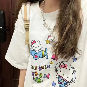 2023 Nou Japonez Hello Kitty Femei T-Shirt Kawaii Sanrio Desene Animate 100% Bumbac Maneci Scurte Largi Streetwear Y2k Haine Topuri