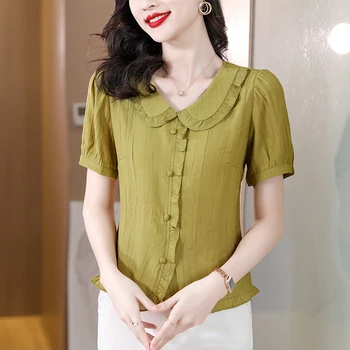 2023 Primăvara Și Vara Noi Versiunea coreeană la Modă de Lenjerie de pat din Bumbac Tricou Femei de vârstă Mijlocie Elegant Culoare Solidă Vrac Bluza T431