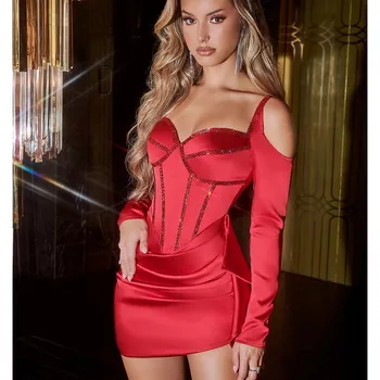 2023 Vară Nou Design Manual Bretele Sexy Cu Maneci Lungi Casual Fashion Elegant Raionul Mini Red Rochie De Petrecere