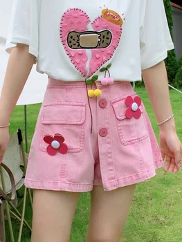 ADAgirl Fusta Roz Pantaloni Femei Y2k Blugi pantaloni Scurți de Flori Doamnelor Japonia Stil Kawaii Cutecore pantaloni Scurti din Denim, Haine pentru Vara Noi