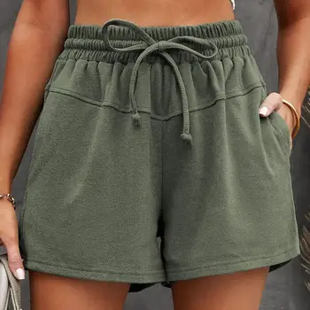Femei de vară pantaloni Scurți Cordon Talie Elastic Buzunare Culoare Solidă Moale Largi Picior de Înaltă Talie pantaloni Scurți de Sport Streetwear шорты