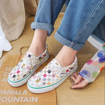Femei Pantofi De Panza Multicolor Tablă De Șah Design Feminin Slip-On Pantofi Fete Apartamente 2023 Noi Adidași De Moda Plus Dimensiune 35-44