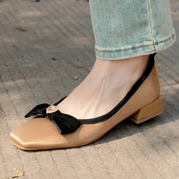 Femei sartin tesatura square toe slip-on apartamente singur pantofii dulce papion stil coreean doamne elegante de zi cu zi încălțăminte pantofi femei