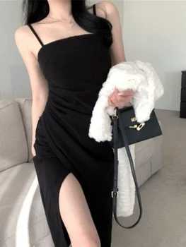 HOUZHOU Rochii de Vara pentru Femei 2023 Doamnă Fierbinte Sexy rochie fără Mâneci Falduri Elegante Slim-fit Talie Mare Fantă Hip Rochie Scurta Casual