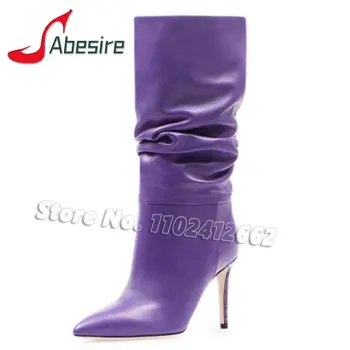 Moda Violet a Subliniat Toe Plisata pentru Femei Cizme de Iarna Tocuri Subtiri de Mare de Genunchi-Cizme Înalte Solid Aluneca Pe Show Pantofi Stiletto Size43