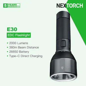 Nextorch E30 Lanterna LED-uri cu Acumulator 26650, 2000 Lumeni 380m Fascicul Distanta, de Tip C Direct Reîncărcabilă, Turbo/SOS Moduri, EDC